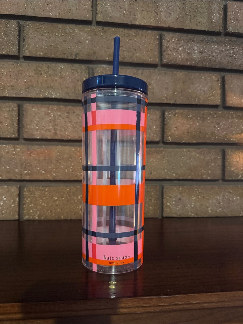 kate spade Pink, Orange & Navy Plaid Insulated Tumbler with Straw